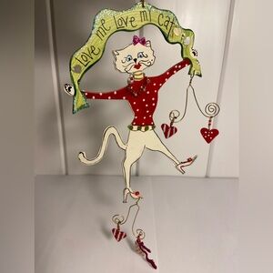 Vintage cat irnament Love Me Love My Cat White Kitty Girl hearts whimsical art